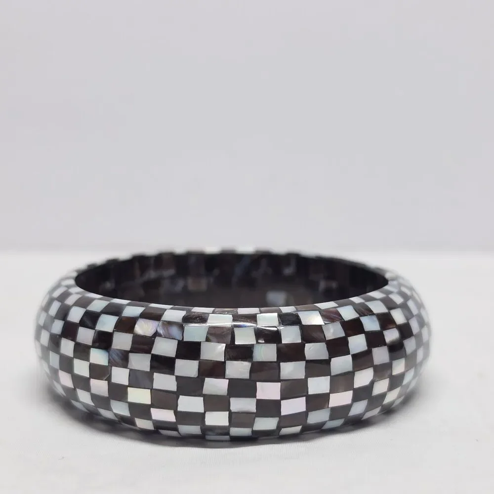 Vintage Mother of pearl Checkered Mosaic Marquetry Bangle Bracelet White & Brown